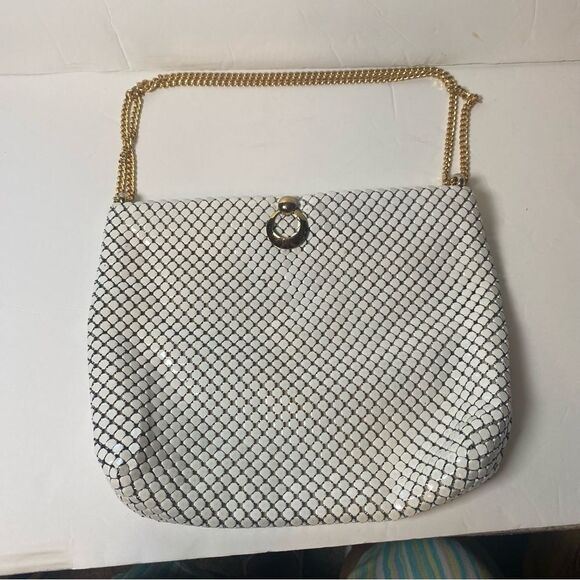 Whiting and Davis Vintage White Mesh Metal Purse W/Adjustable Gold Chain Strap - Picture 1 of 13